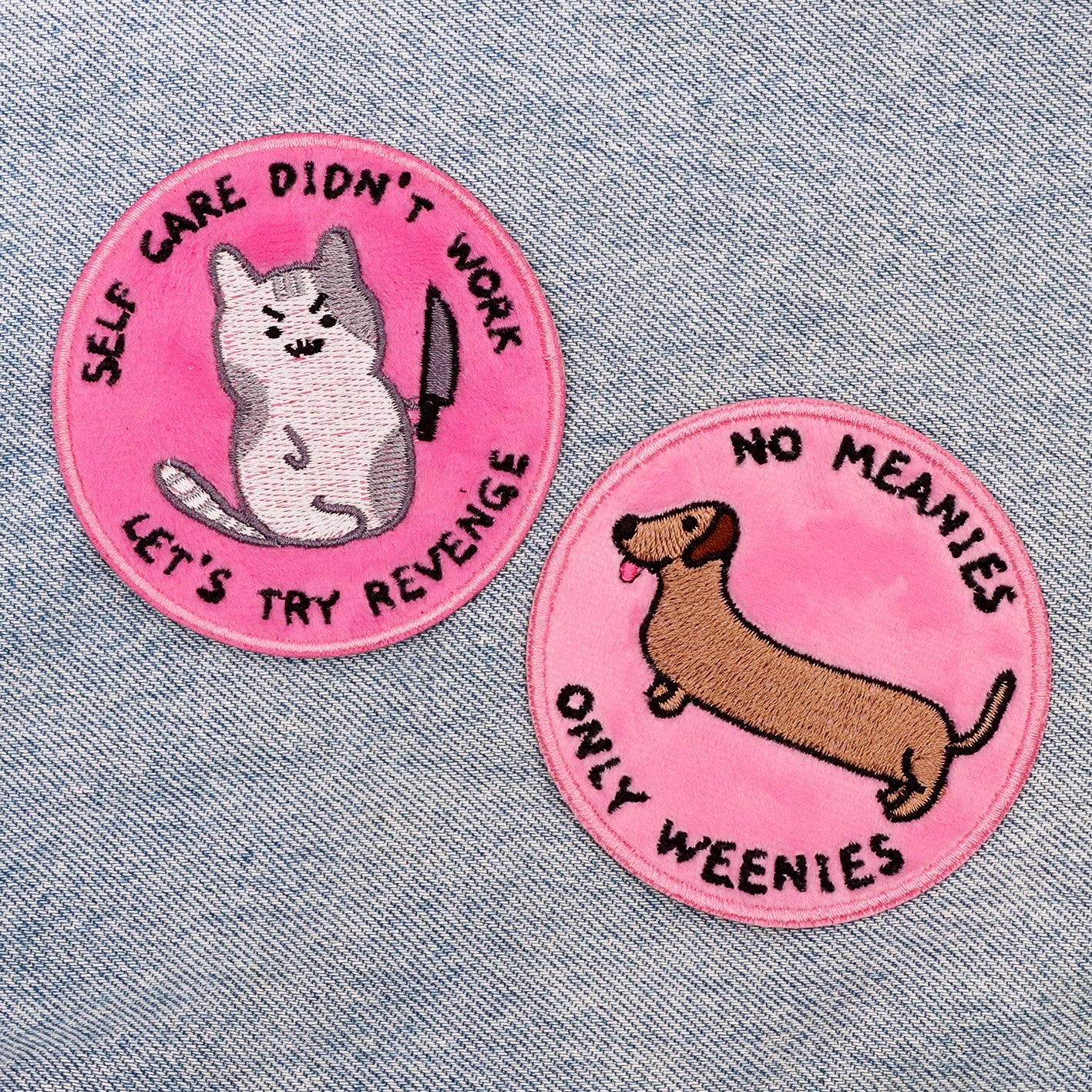 No meanies only weenies  plush velvet iron-on Patch