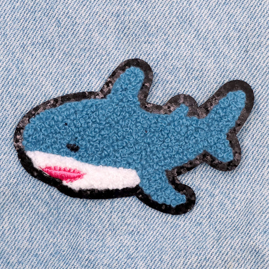 Kawaii shark blahaj fuzzy chenille iron-on patch